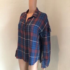 Bella Dahl Raffled Blue/Red Plaid Shirt Women’s Size M Long Sleeves Relaxed-Fit